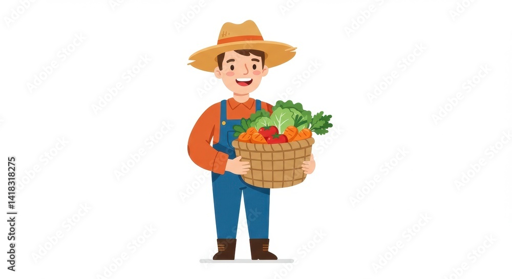 Cartoon farmer holding basket of fresh produce Cartoon farmer holding basket of fresh produce