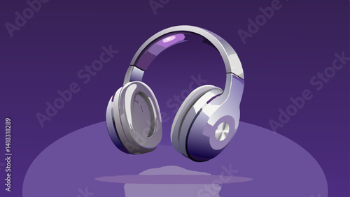 Sleek silver metallic wireless headphones floating in the air on a lavender purple background, showcasing minimalist design, trendy accessories, and premium audio technology for music lovers and tech.