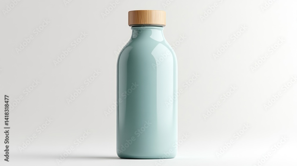 Modern Insulated Water Bottle with Wooden Lid on a Minimalist Background Modern Insulated Water Bottle with Wooden Lid on a Minimalist Background