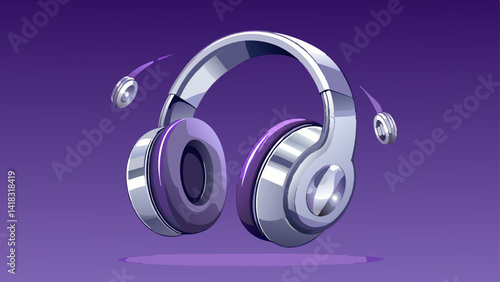 Sleek silver metallic wireless headphones floating in the air on a lavender purple background, showcasing minimalist design, trendy accessories, and premium audio technology for music lovers and tech.