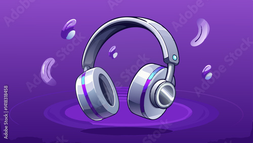 Sleek silver metallic wireless headphones floating in the air on a lavender purple background, showcasing minimalist design, trendy accessories, and premium audio technology for music lovers and tech.