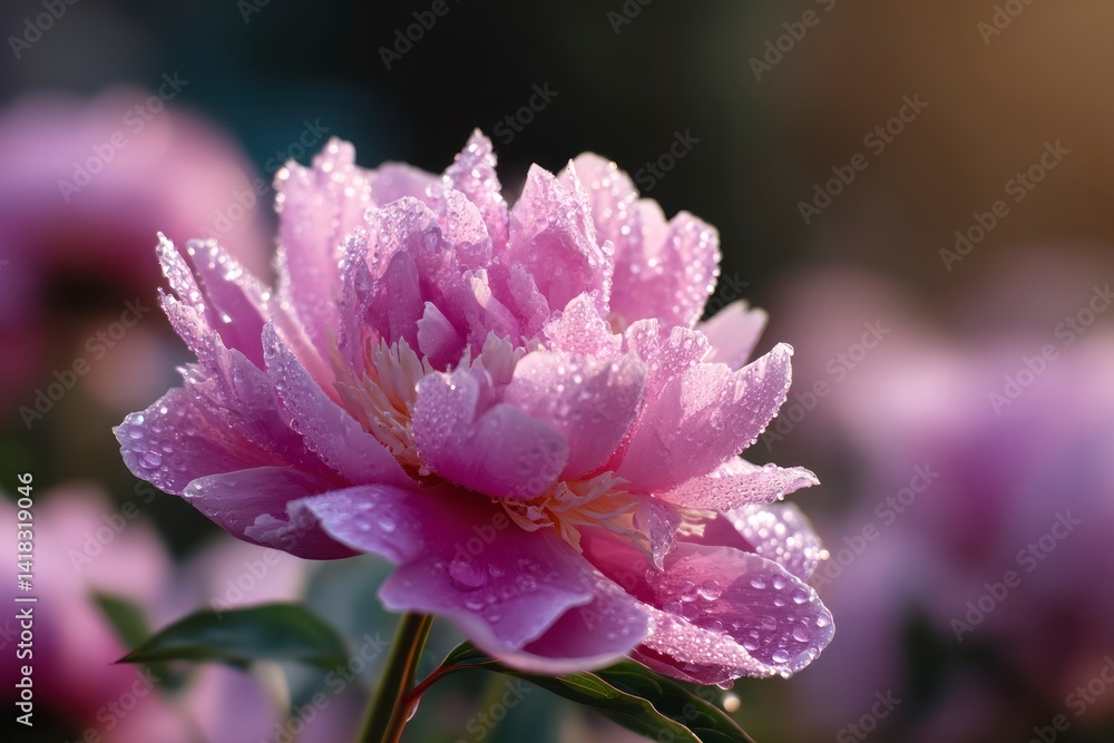 Pink Peony Flower with Water Droplets in Garden, Close-up View Pink Peony Flower with Water Droplets in Garden, Close-up View