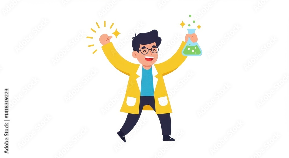 Cartoon scientist celebrating experiment success Cartoon scientist celebrating experiment success