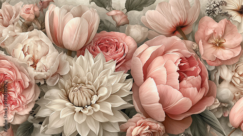 Vintage wallpaper with pale pink and white flowers.