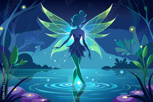 vector of A glowing fairy silhouette next to a sparkling water surface.