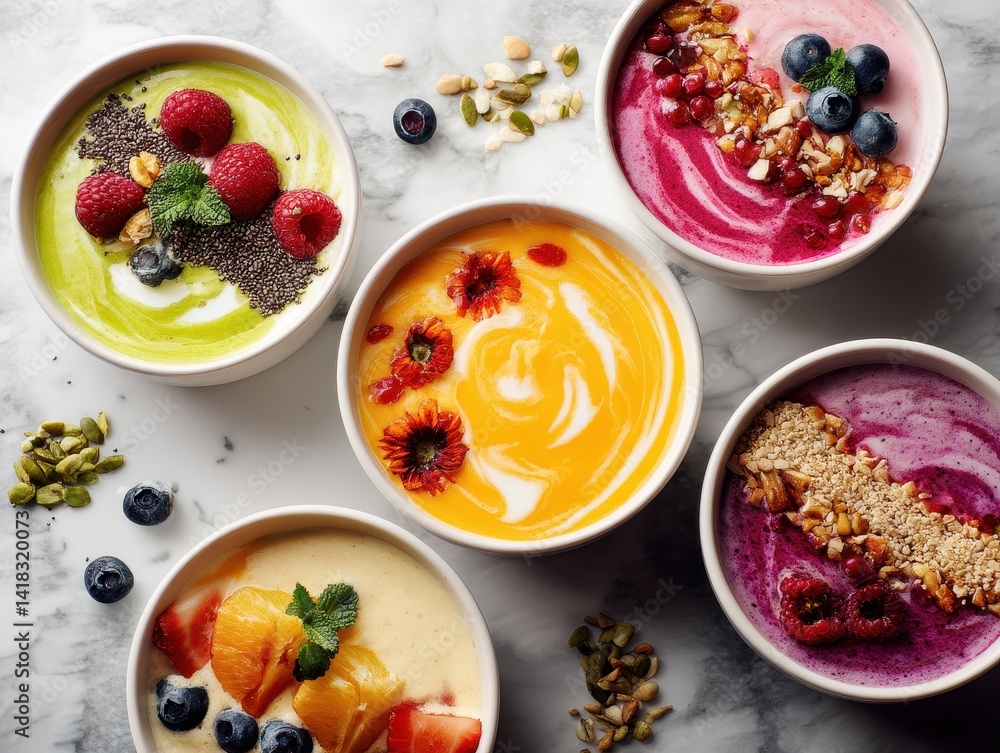 Vibrant smoothie bowls: A rainbow of fresh fruit and toppings. Wholesome and delicious breakfast or snack for everyone, any day. Vibrant smoothie bowls: A rainbow of fresh fruit and toppings. Wholesome and delicious breakfast or snack for everyone, any day.