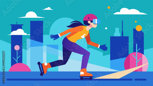 A virtual training program for inline skating with a person wearing a VR headset and maneuvering through a vibrant and dynamic virtual city.. Vector illustration