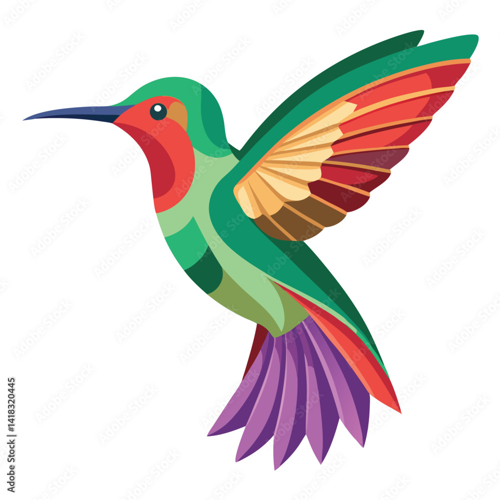 Vector art shows a flying hummingbird, a tropical bird with a long beak and vibrant wings, near a flower, illustrating nature and wildlife Vector art shows a flying hummingbird, a tropical bird with a long beak and vibrant wings, near a flower, illustrating nature and wildlife