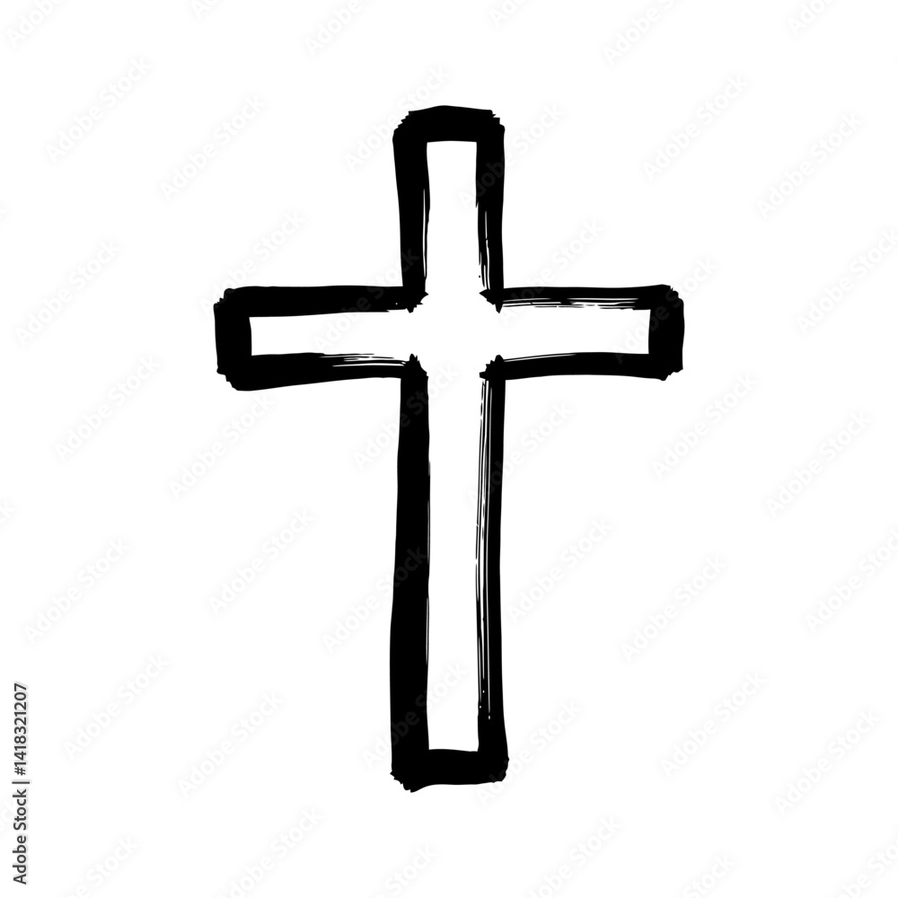 Christian cross icon drawn with a brush. Black rough drawing of a Christian cross
