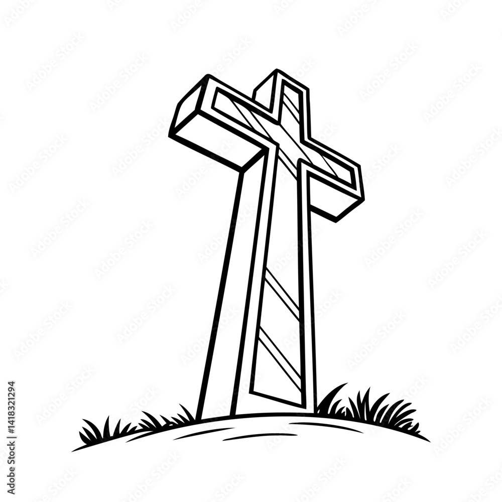 Christian cross. Cross standing on a hilltop. Cross on a simple hill background. Church symbol.