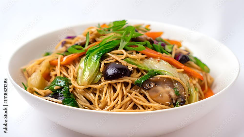 Detailed and Realistic Close-Up of Stir-Fried Noodles with Vegetables and Garnishes in a White Bowl Detailed and Realistic Close-Up of Stir-Fried Noodles with Vegetables and Garnishes in a White Bowl