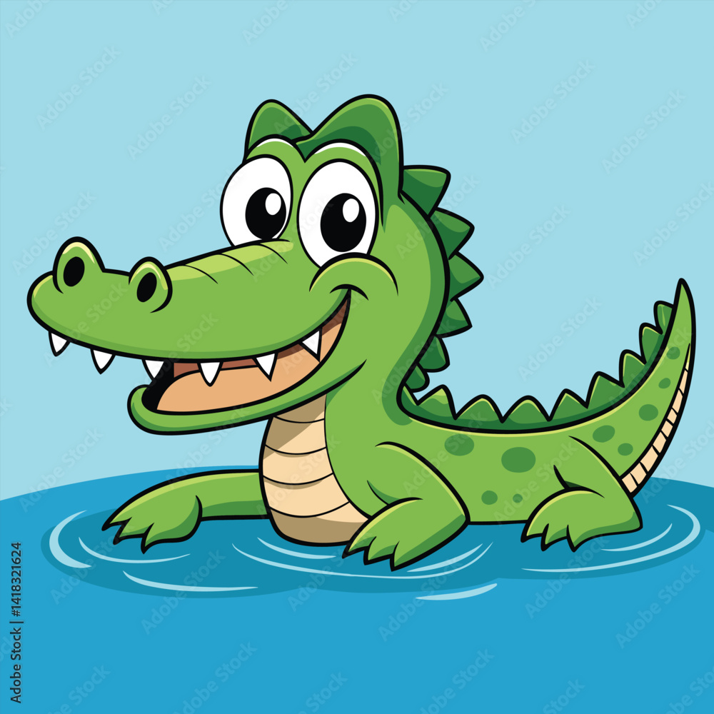 Obraz premium A cute green cartoon reptile, perhaps a baby alligator or dino character, offers a fun vector illustration
