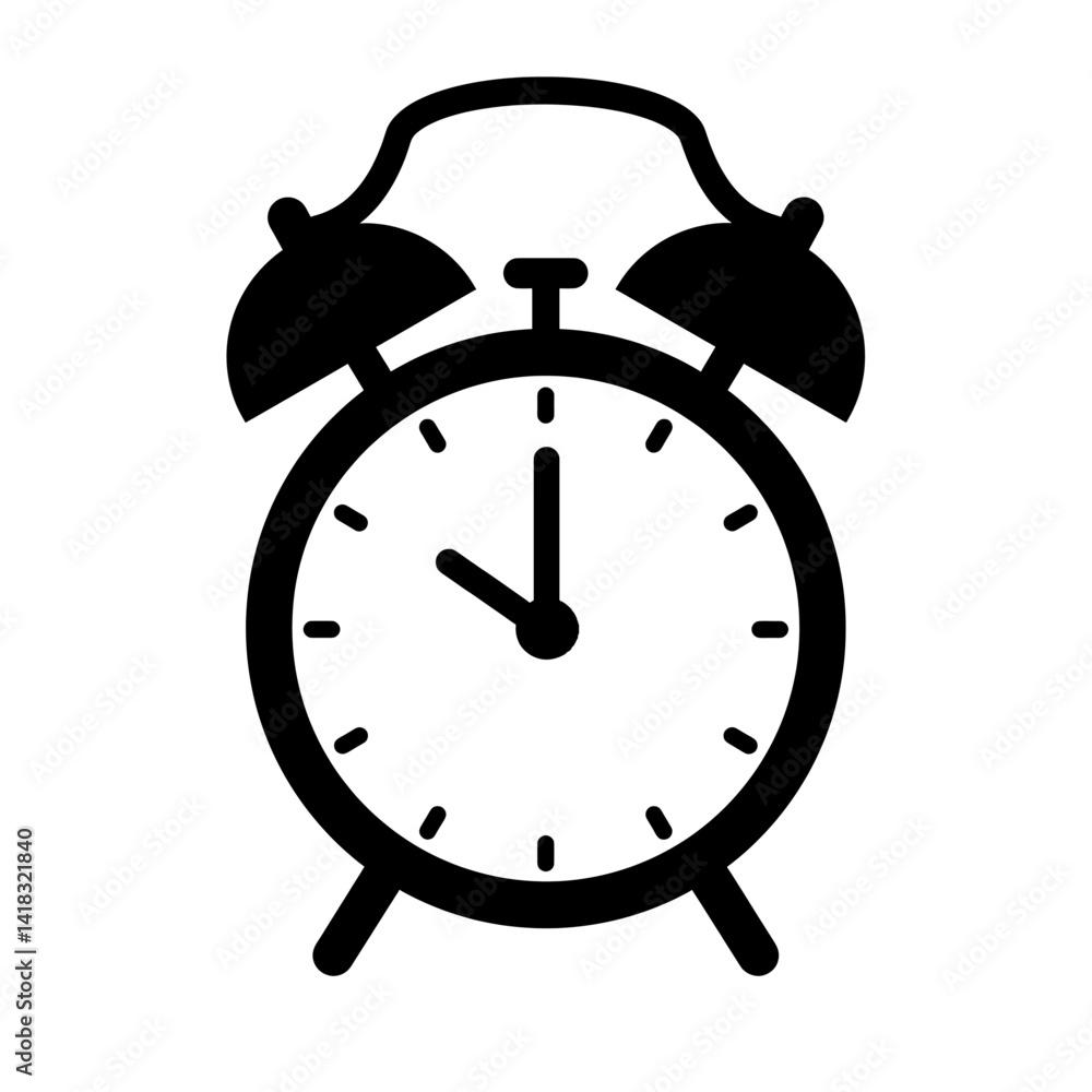 Alarm Clock Icon in Black Silhouette Vector Style with Twin Bells and Round Face on White Background Alarm Clock Icon in Black Silhouette Vector Style with Twin Bells and Round Face on White Background
