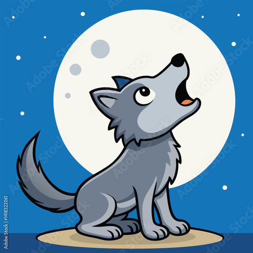 Cute Werewolf Howling at Full Moon on Mountain Peak with Night Sky and Forest Background Illustration