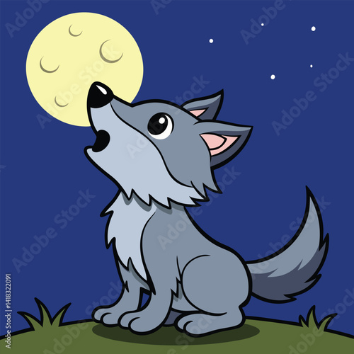 Cute Werewolf Howling at Full Moon on Mountain Peak with Night Sky and Forest Background Illustration