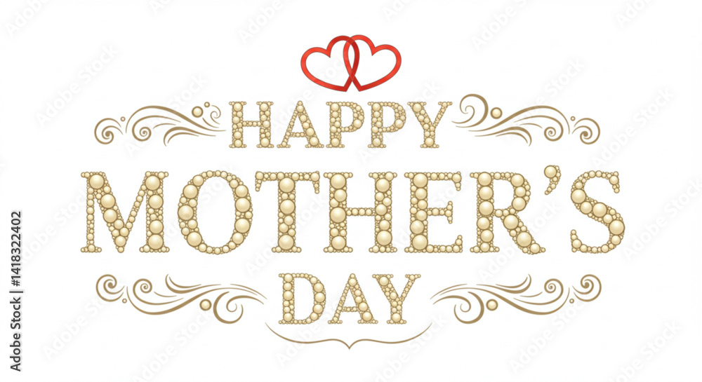 Elegant pearl-like happy mother’s day text with intertwined red hearts on white background Elegant pearl-like happy mother’s day text with intertwined red hearts on white background