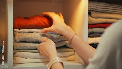 A person is folding and arranging neatly stacked clothes in a wardrobe. The action occurs indoors, showcasing a focused effort to keep the space orderly for efficient storage and easy access