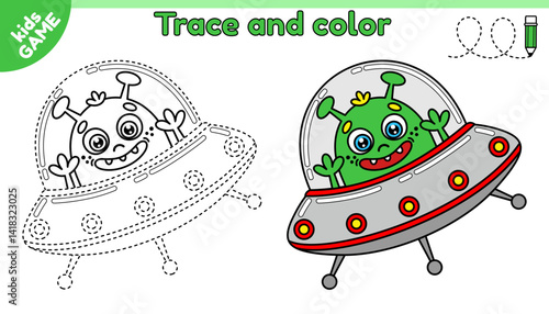 Space educational kids game. Trace and color. Connect dotted lines. Draw a cartoon alien in flying saucer. Handwriting practice worksheet. Writing page for education children. Activities book. Vector.