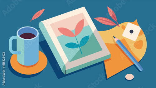 A photograph of a journal sitting alongside a cup of tea a symbol of the peaceful moments spent creating and reflecting.. Vector illustration