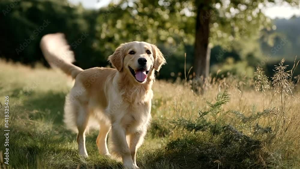 Golden Retrievers Running in Sunlit Meadow Golden Retrievers Running in Sunlit Meadow