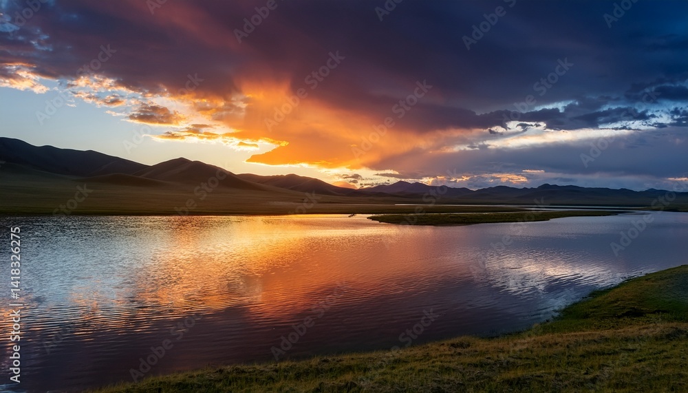 Fototapeta premium sunset on a lake in Mongolia