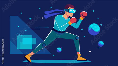 An athlete using a VR headset and handtracking technology to practice their reflexes and agility with the help of a virtual sparring partner.. Vector illustration