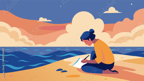 A sunrise fills the background as a person writes a letter on a sandy beach. They know the healing power of the ocean and hope their words will be. Vector illustration