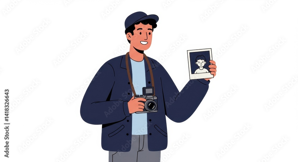 Man showing photo taken with digital camera illustration Man showing photo taken with digital camera illustration