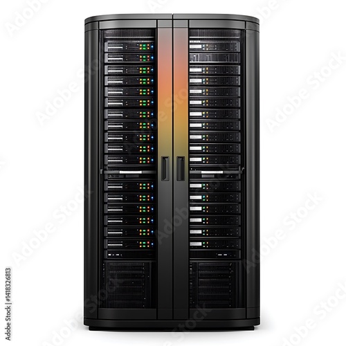 Network server rack with colorful indicator lights.