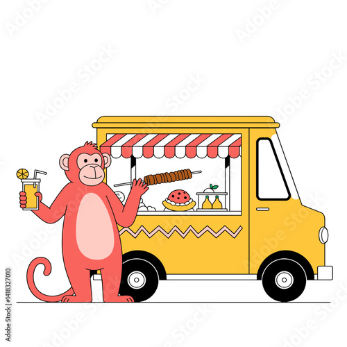 Coral monkey vendor holding kebab and fruit soda next to yellow food truck with geometric designs, ideal for blogs, presentations, and promotional materials