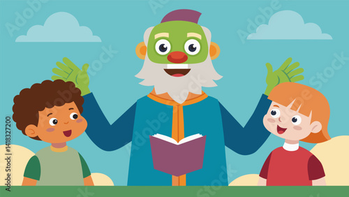 A wise and gentle puppet named Pastor Pete shares words of wisdom and guidance with the children.. Vector illustration