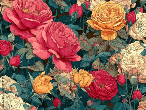 Abstract floral illustration with roses in red, yellow, and beige. Seamless digital painting evoking a vintage, botanical vibe.