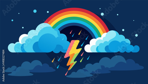 A raging thunderstorm with a rainbow peeking through the clouds symbolizing the dreamers ability to find hope and positivity in difficult times.. Vector illustration