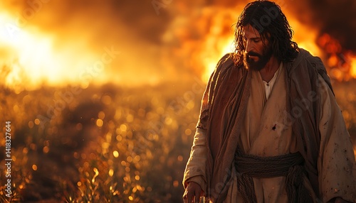 Jesus amidst fiery destruction, contemplating suffering.
