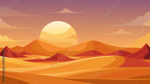 A vast empty desert landscape with a setting sun captures a sense of longing and nostalgia.. Vector illustration