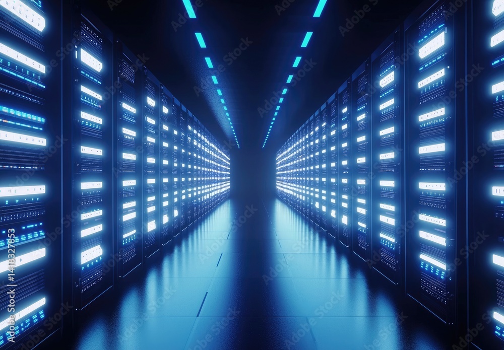 Fototapeta premium Futuristic data center hallway with glowing server racks, illuminated in blue light. Ideal for technology, cloud computing, and cybersecurity visuals