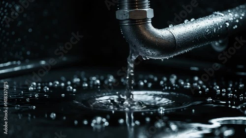 Drain water from bathroom pipe plumbing due to clogging, water leaking from stainless steel pipe under sink