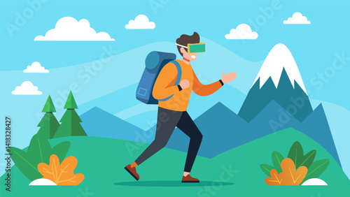 A man using virtual reality to go on a scenic hike during his workday.. Vector illustration