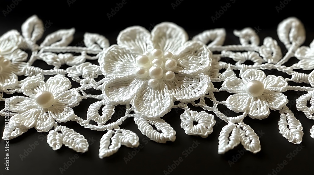 Obraz premium Delicate white lace trim with floral designs and pearls.
