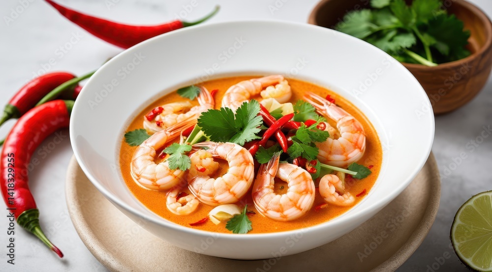 A delicious bowl of spicy Thai tom yum soup filled with shrimp, red chili, and fresh cilantro, accompanied by lime slices and a glass of milk A delicious bowl of spicy Thai tom yum soup filled with shrimp, red chili, and fresh cilantro, accompanied by lime slices and a glass of milk
