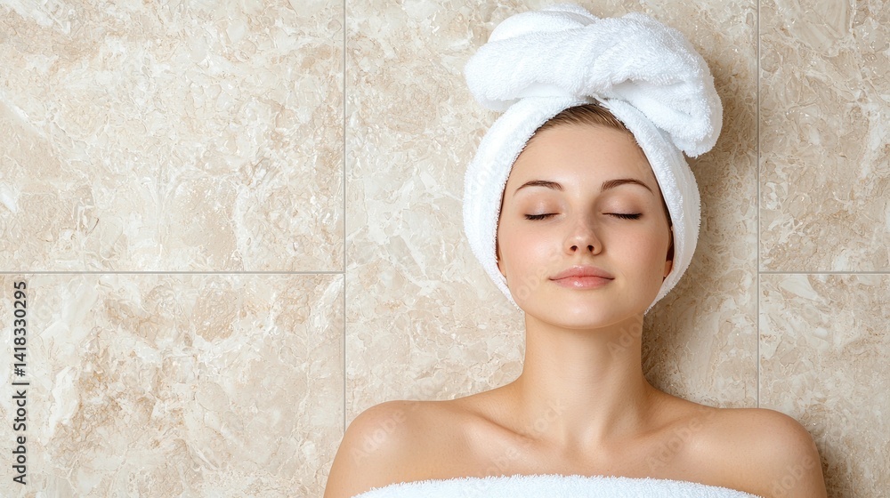 Relaxed woman post shower soft focus neutral colors peaceful atmosphere spa beauty wellness self care Relaxed woman post shower soft focus neutral colors peaceful atmosphere spa beauty wellness self care