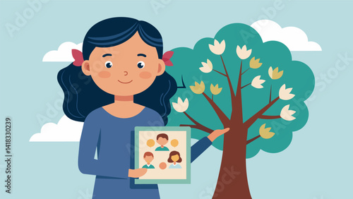 A daughter proudly showing her parents the family tree she meticulously created for their scrapbook.. Vector illustration