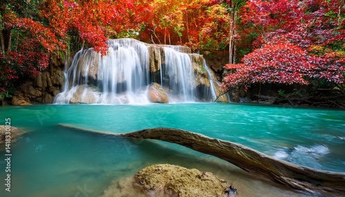 waterfall with clear green emerald water and rock for relax with red tree and root in the jungle at Huay Mae Khamin waterfall for nature landscape and background