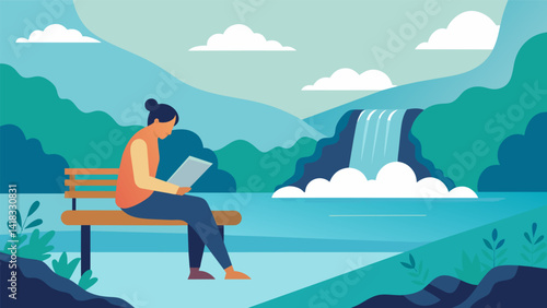 A person sitting on a bench at the edge of a waterfall fully immersed in their Bible as the soothing sound of rushing water fills the air.. Vector illustration
