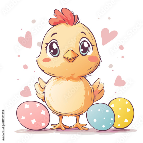 Happy Easter card with cute baby chicken and colored eggs.