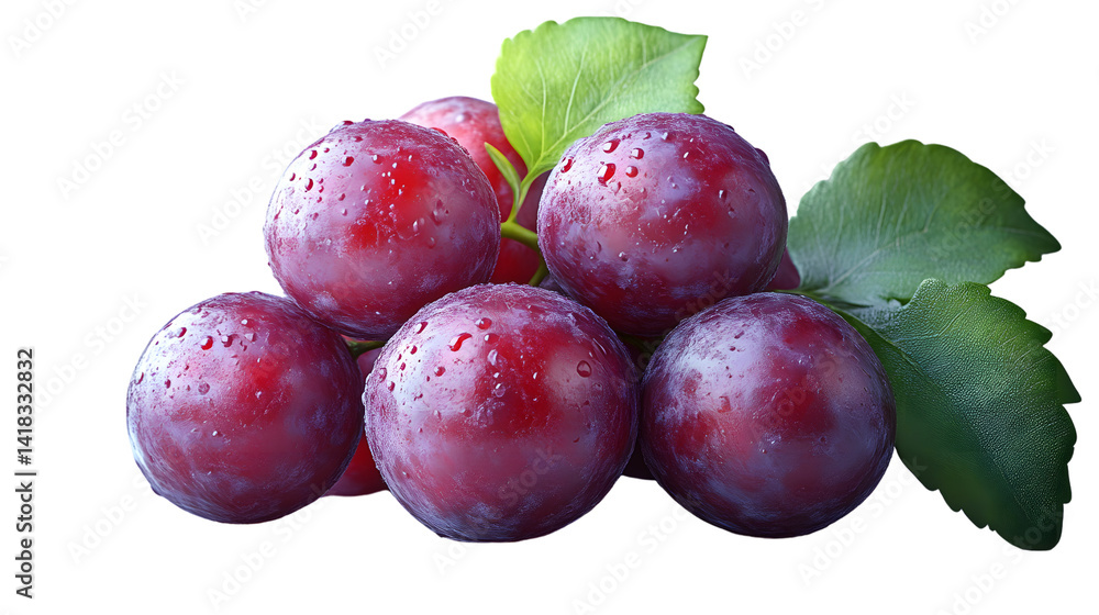 Obraz premium Red Grapes with Water Drops and Green Leaves on Black Background