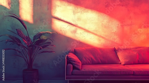 Cozy indoor space with a stylish couch and vibrant light patterns on the walls