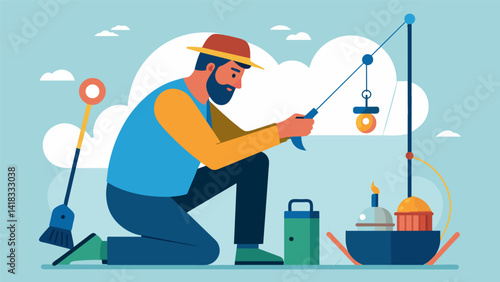A fisherman repairing and maintaining their fishing gear to prolong its use and decrease the need for frequent replacements.. Vector illustration