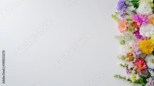 A vibrant bouquet of colorful flowers arranged in a decorative display against a soft white background, and fresh and lively composition.