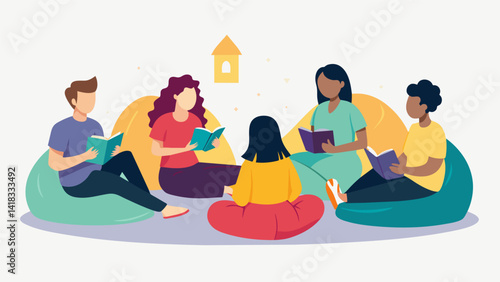 In a brightly lit church bat a young adult Bible study group sits on bean bags and cushions animatedly discussing the Gospel of Mark.. Vector illustration